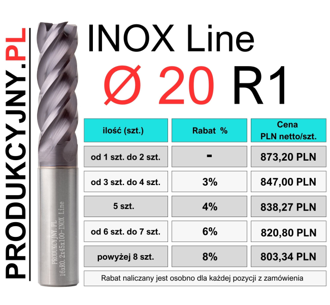 Frez z promieniem naroża fi 20 R1 INOX LINE